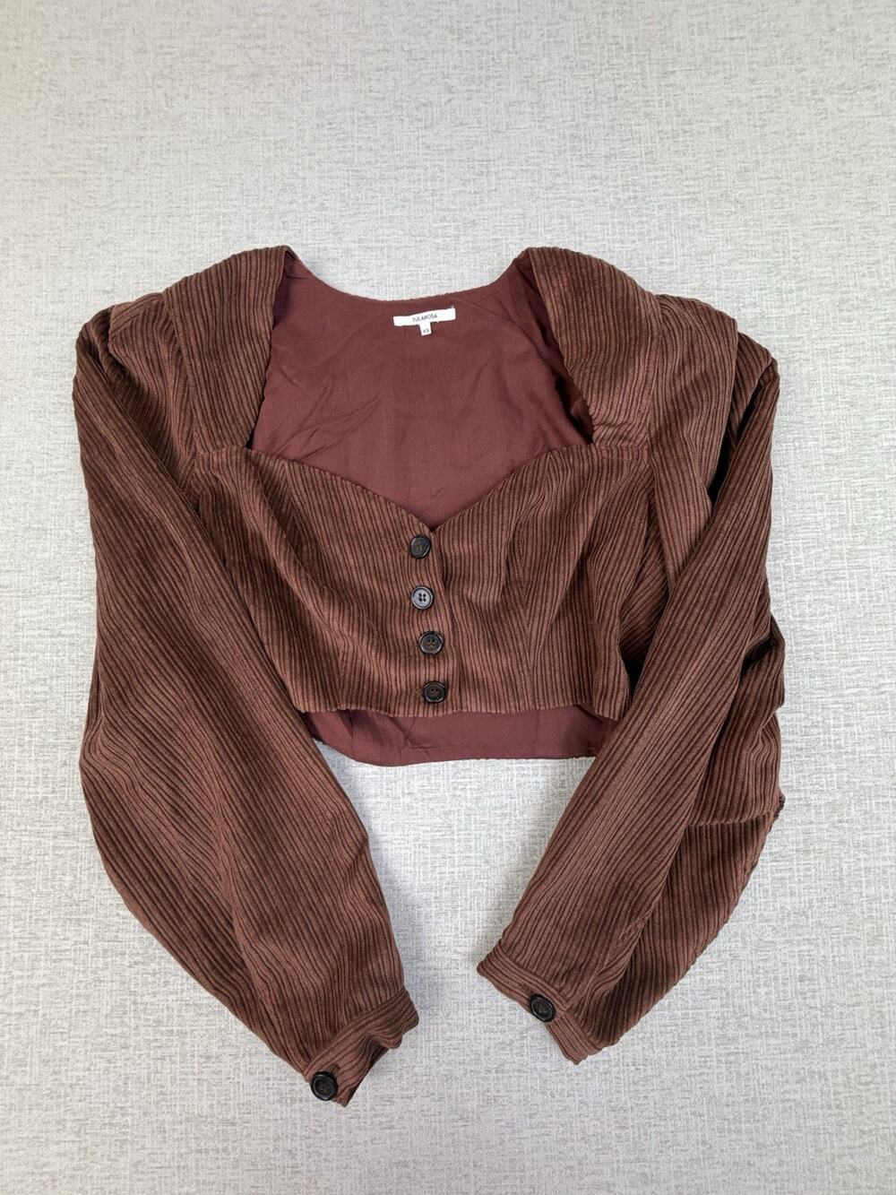 Tularosa Women’s XS Brown Corduroy Corset Crop Top Puff Sleeve Button Front
